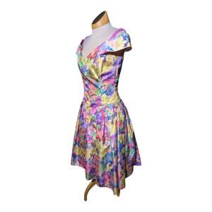 Vtg 1980s Victor Costa Colorful Floral Taffeta Off the Shoulder Party Dress Sz 6